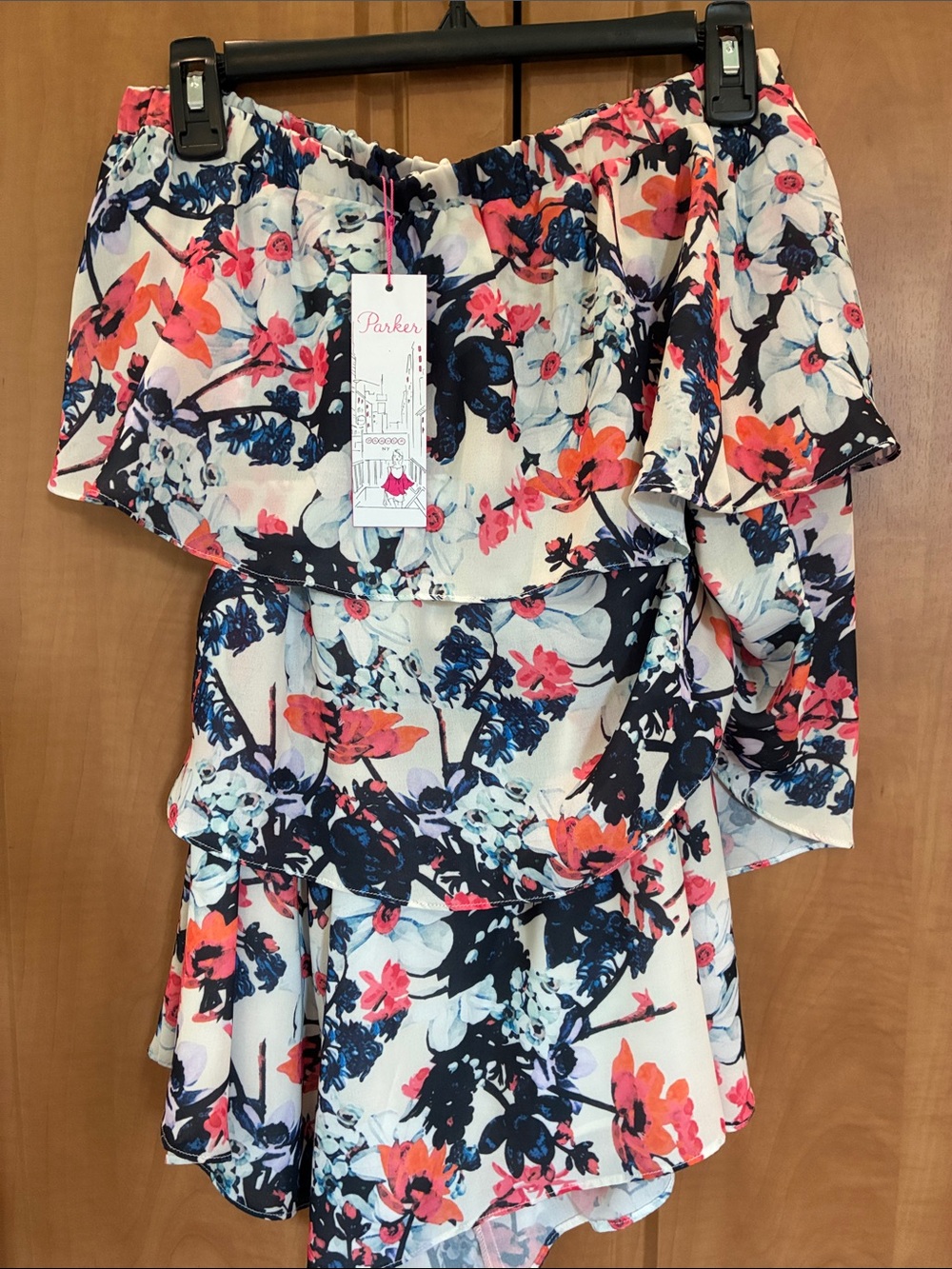 Parker Floral Tiered Ruffle Romper in Navy, Coral & White